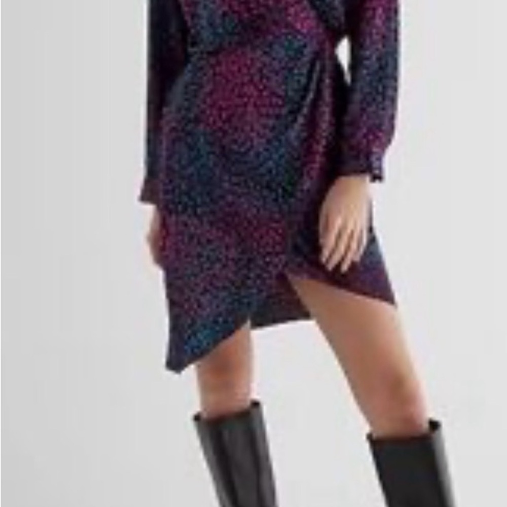 Express Satin Faux Wrap Dress Purple Leopard Print Long Sleeve NWT Size L